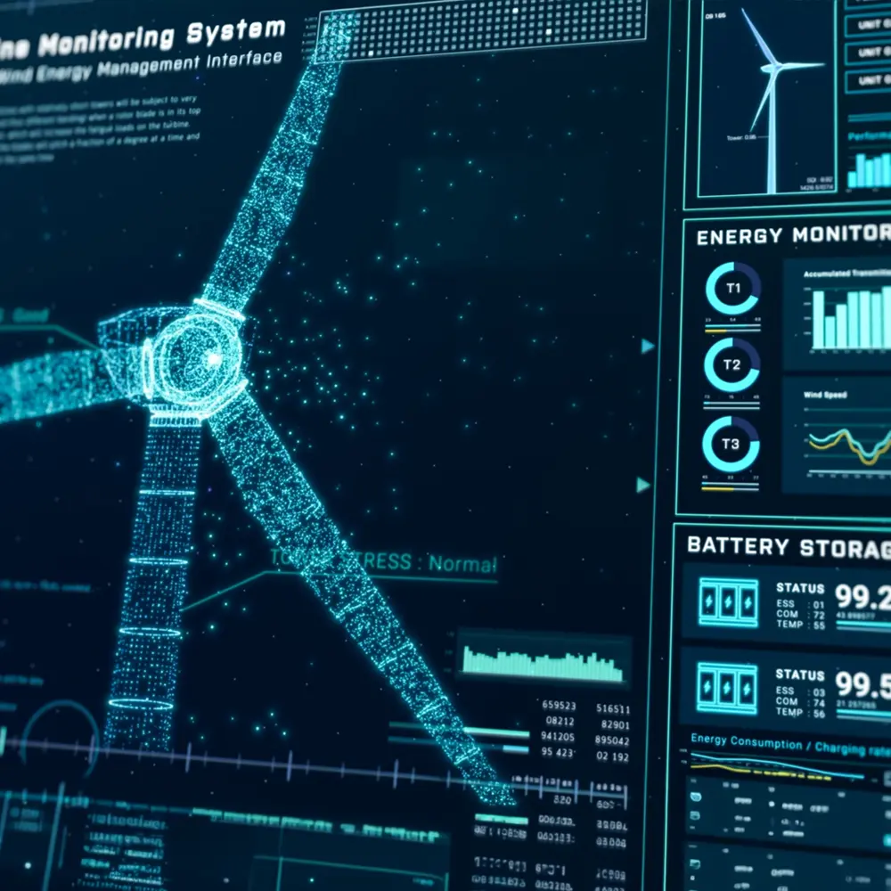 Digitale Visualisierung eines Windturbinen-Überwachungssystems mit türkisfarbener Benutzeroberfläche, die eine aus Partikeln bestehende Windturbine sowie verschiedene Diagramme zu Energieüberwachung und Batteriespeicher zeigt.