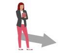 Illustration einer Frau mit roten Haaren, die ein Buch hält und neben einem Pfeil nach rechts steht.