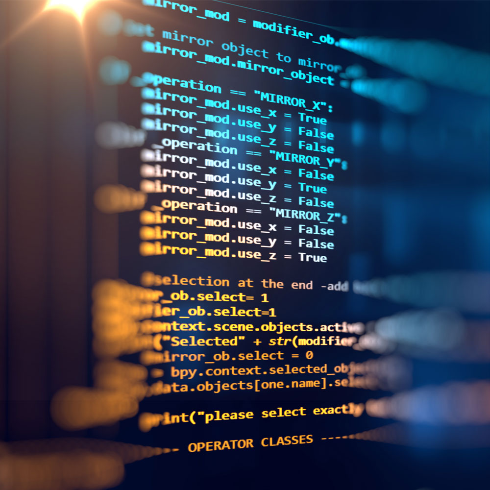 Colorful programming code in orange, blue, and white on a black background, blurred and stretched.