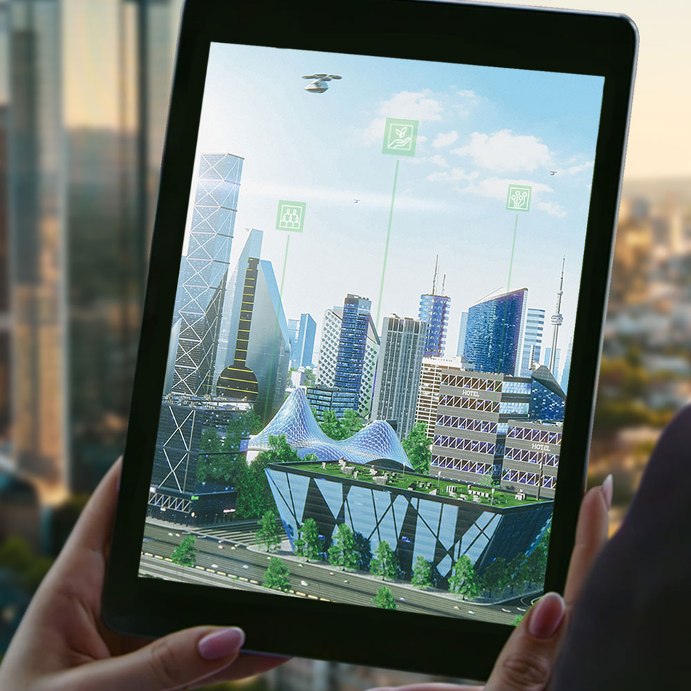 Tablet displaying a futuristic city with skyscrapers, a green roof, and sustainability icons.