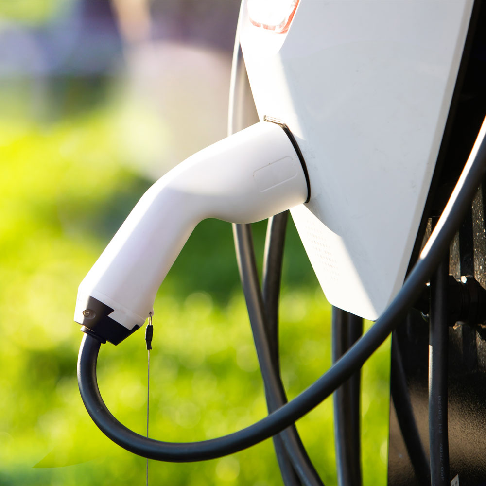 Close-up of a white electric vehicle charging plug hanging on a charging station against a blurred green background.