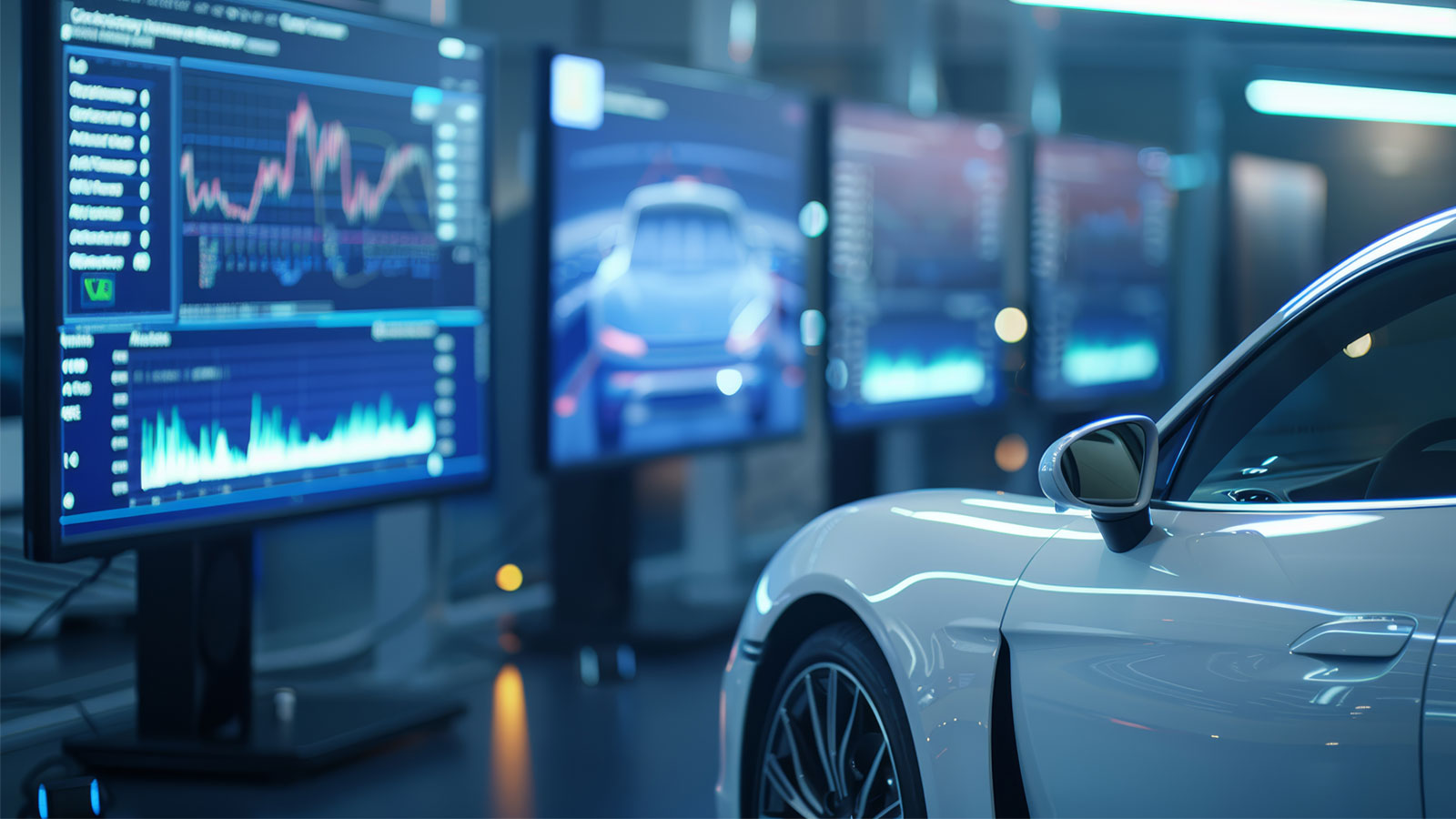 A white sports car is positioned in a modern room or lab. In the background, several large screens show various data visualizations, charts, and an image of a car.