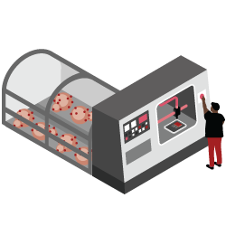 Person operating a machine filled with multiple pizzas.