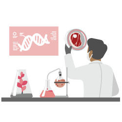 Scientist examining a sample under a magnifying glass in a laboratory.