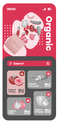 Smartphone screen with an organic food shopping app. Iconic representations of tomatoes, garlic, mushrooms, and leaves along with price information are visible.
