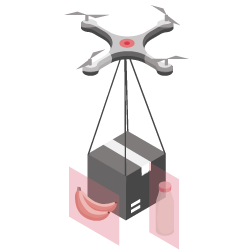 Drone carrying a package with food and beverages.