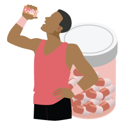 Person drinking a capsule from a jar of pills.