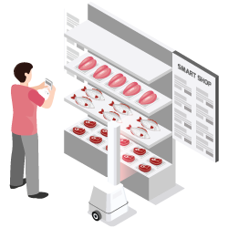 Man in store with shelves full of meat products and a small service robot.