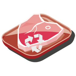Piece of raw meat on a tray with a recycling or environmental protection symbol.