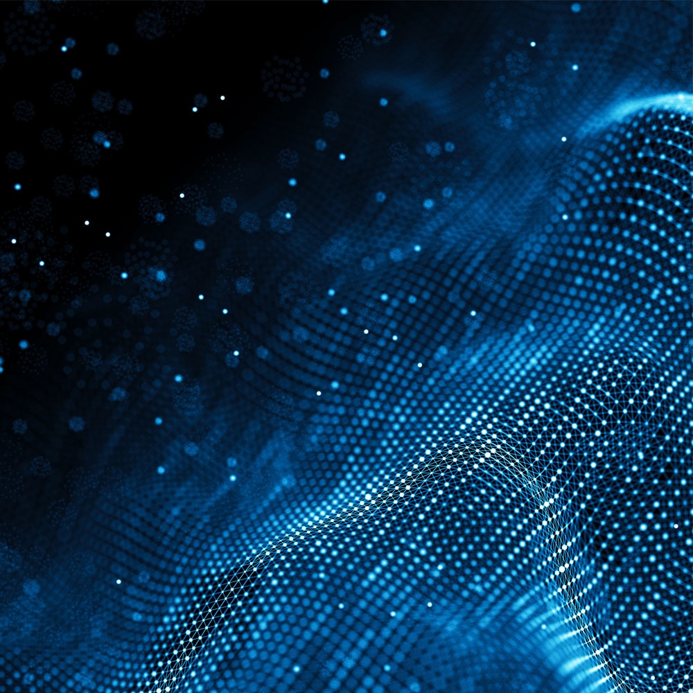Abstract digital waveform made of blue glowing dots and lines on a black background.