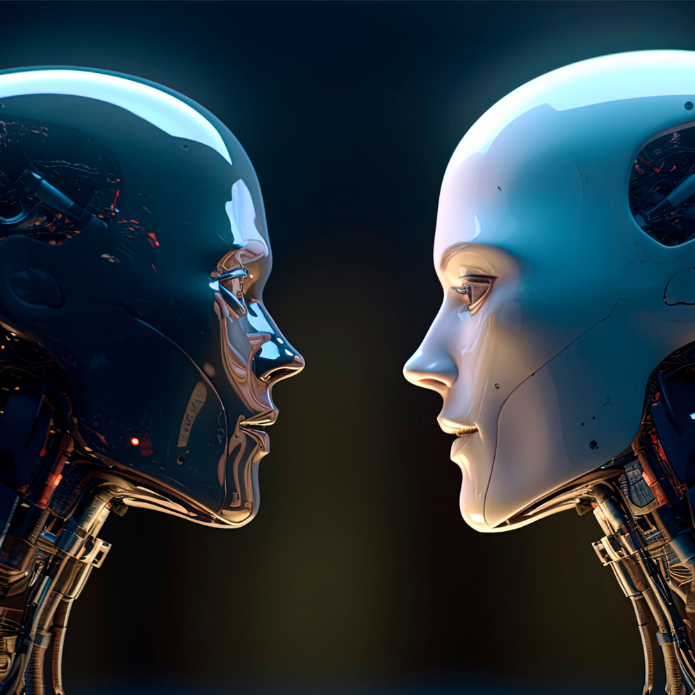 Two robots with humanoid faces looking into each other's eyes.