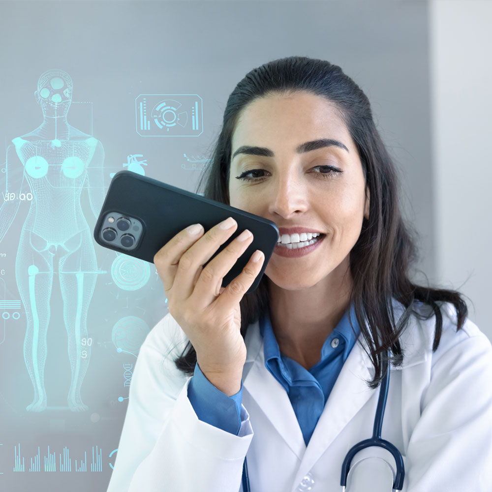 Person in a white coat with a stethoscope holds a smartphone in front of the face, the face is obscured by a centered blurred square, and blue-turquoise medical data visualizations glow in the background.