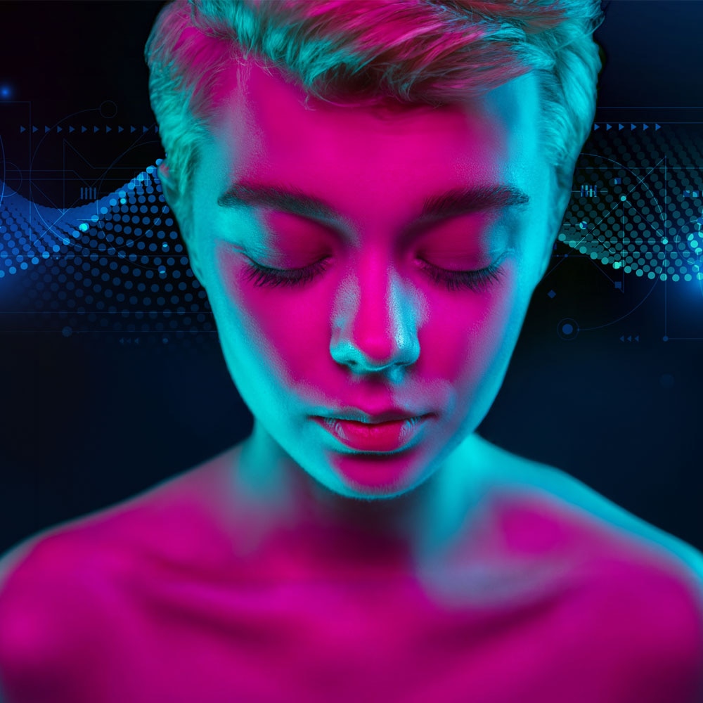 Head and shoulders of a person with neon lighting, the face is obscured by a centered blurred square, and a dark background shows digital wave graphics in blue and turquoise.