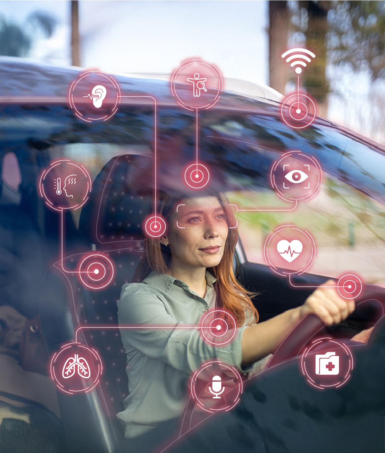 A woman drives a car while glowing icons for health, safety, and driver assistance systems appear across the windshield.