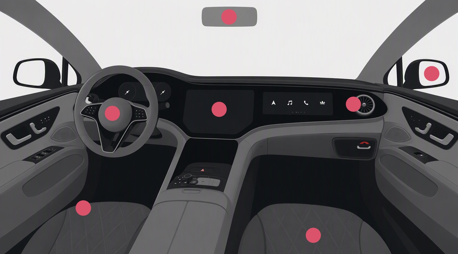 Illustration of a modern car cockpit with a steering wheel, digital displays, center console, and front seats from the driver’s perspective. Several pink dots mark important areas of the cockpit.