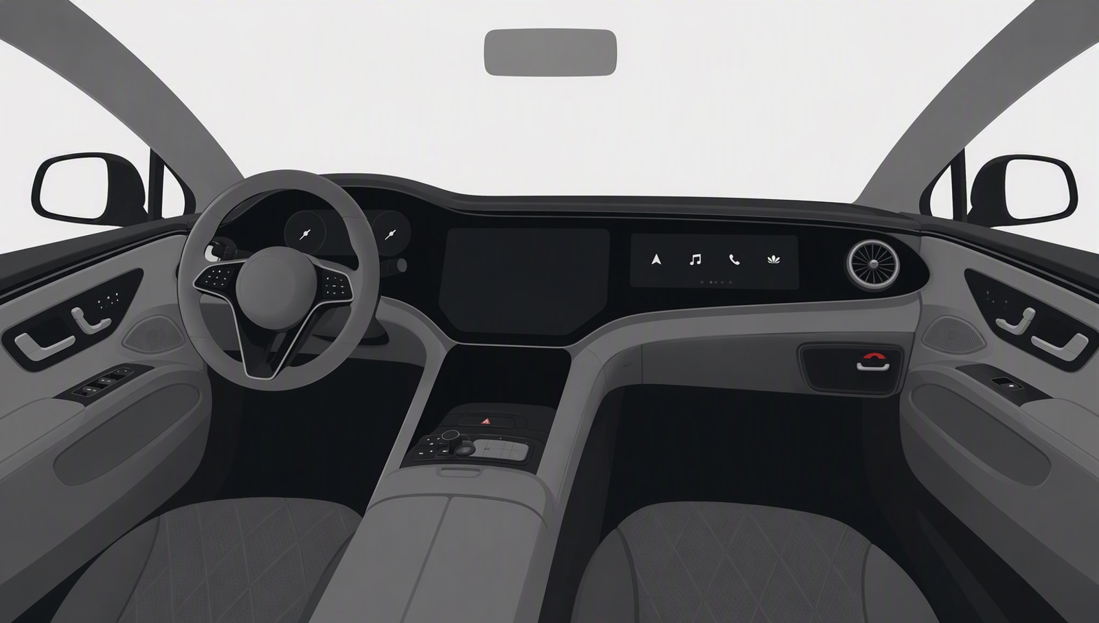 Illustration of a modern car cockpit with a steering wheel, digital displays, center console, and front seats from the driver’s perspective.