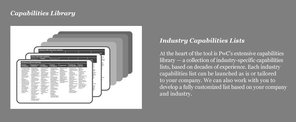 Industry Capabilities Lists At the heart of the tool is PwC’s extensive capabilities library — a collection of industry-specific capabilities lists, based on decades of experience. Each industry capabilities list can be launched as is or tailored to your company. We can also work with you to develop a fully customized list based on your company and industry.
