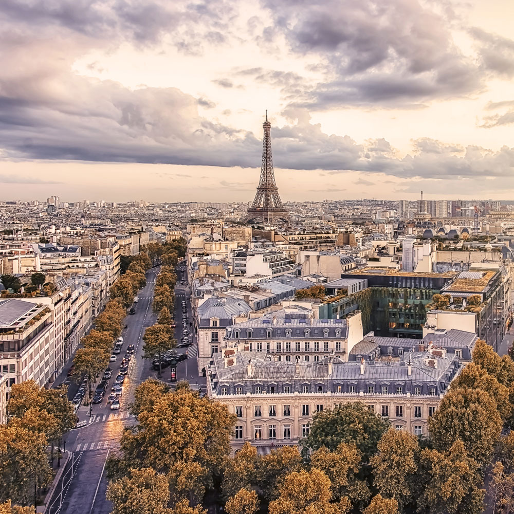Paris city with Eiffel Tower viewed from the Arc De Triomphe.